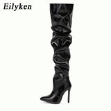 Pleated Patent Leather Motorcycle Over The Knee Boots
