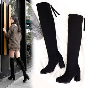 Thigh High Zip Up Thick Heel Boots