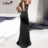 Long Sleeve Deep V-neck Sexy High Slit Ruffles Elegant Dress