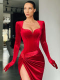 Cryptographic Elegant Gloves Sleeve Velvet Ruched Dresses