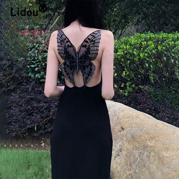 Backless Butterfly Embroidery Hollow Out Deep V-neck Gown
