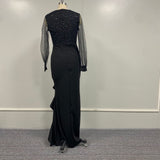 Long Sleeve Deep V-neck Sexy High Slit Ruffles Elegant Dress