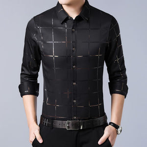 Plaid Long Sleeve Slim Fit Dress Shirts- Men