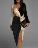 Elegant Black Gold Sequins Patchwork Long Sleeve Prom Slit Dress