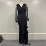 Long Sleeve Deep V-neck Sexy High Slit Ruffles Elegant Dress