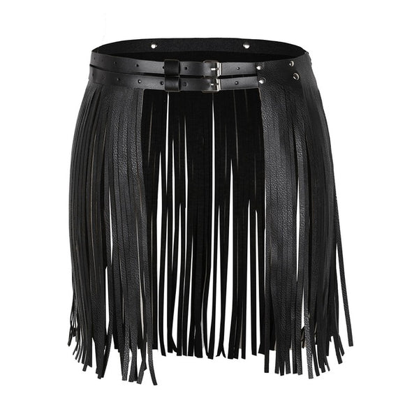 Adjustable Faux Leather Waistband Fringe Tassel Belt Skirt