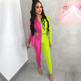 Fluorescent Color Long Sleeve Patchwork Streetwear Jumpsuit