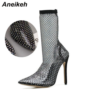 Bling Rhinestone Mesh Pointed Toe Ankle Boots Heels