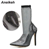 Bling Rhinestone Mesh Pointed Toe Ankle Boots Heels