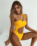 Tummy Cut Hollow Out 1pc Side Shoulder Swimsuit