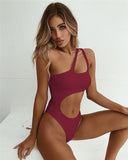 Tummy Cut Hollow Out 1pc Side Shoulder Swimsuit