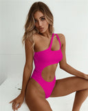 Tummy Cut Hollow Out 1pc Side Shoulder Swimsuit