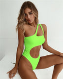 Tummy Cut Hollow Out 1pc Side Shoulder Swimsuit