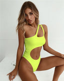 Tummy Cut Hollow Out 1pc Side Shoulder Swimsuit