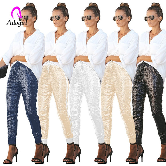 Long Pencil Sequin Pants Elastic High Waist Drawstring