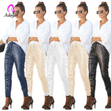 Long Pencil Sequin Pants Elastic High Waist Drawstring