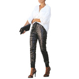 Long Pencil Sequin Pants Elastic High Waist Drawstring