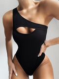 Tummy Cut Hollow Out 1pc Side Shoulder Swimsuit
