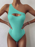 Tummy Cut Hollow Out 1pc Side Shoulder Swimsuit