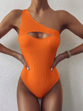 Tummy Cut Hollow Out 1pc Side Shoulder Swimsuit