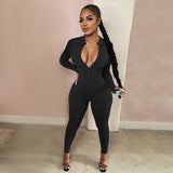 Long Sleeve Deep V Zip Up Fitness Jumpsuit- XL