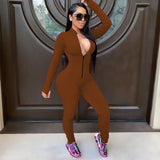 Long Sleeve Deep V Zip Up Fitness Jumpsuit-L
