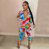 Long Sleeve Deep V Zip Up Fitness Jumpsuit- XL