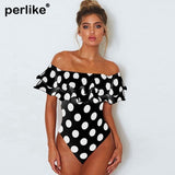 1pc Ruffle Shoulder Polka-Dot Swimsuit