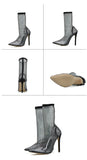 Bling Rhinestone Mesh Pointed Toe Ankle Boots Heels