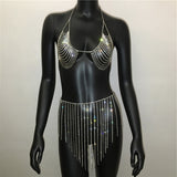 Rhinestone Body Chain 2pc Hollow Out Crop Top And Tassel Skirt