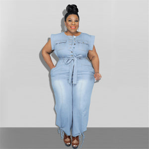 Denim Round Neck Lace Up Sleeveless Bodysuit-PS