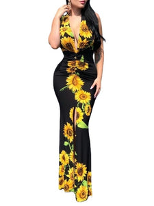 Deep V-Neck Plunge Sunflower Print Slit Maxi Dress