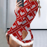 Long Sleeve Fur Hem Heart Print Pajama S-2XL