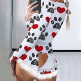 Long Sleeve Fur Hem Heart Print Pajama S-2XL