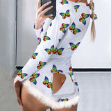 Long Sleeve Fur Hem Heart Print Pajama S-2XL