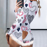 Long Sleeve Fur Hem Heart Print Pajama S-2XL