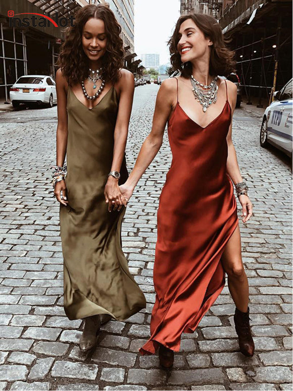 Satin V Neck Maxi Spaghetti Strap Sleeveless Backless Side Split Long Dress