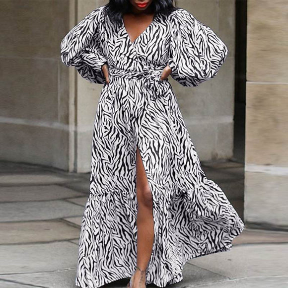Long Sleeve Leopard Printed Loose V Neck Puff Sleeve Beach Sundress-PS