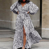 Long Sleeve Leopard Printed Loose V Neck Puff Sleeve Beach Sundress-PS