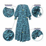 Long Sleeve Leopard Printed Loose V Neck Puff Sleeve Beach Sundress-PS