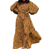 Long Sleeve Leopard Printed Loose V Neck Puff Sleeve Beach Sundress-PS