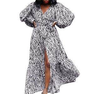 Long Sleeve Leopard Printed Loose V Neck Puff Sleeve Beach Sundress-PS
