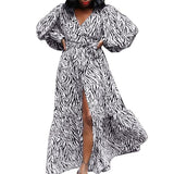 Long Sleeve Leopard Printed Loose V Neck Puff Sleeve Beach Sundress-PS
