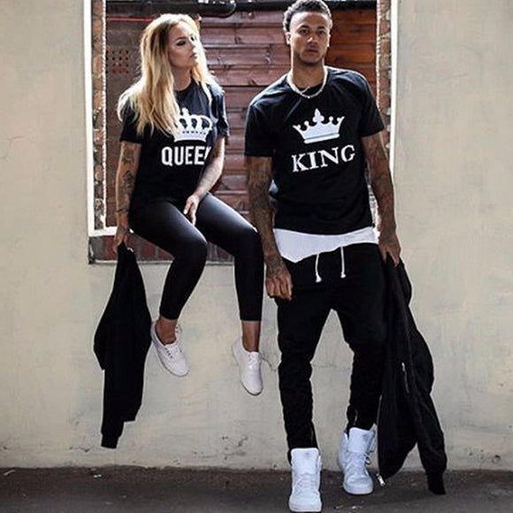 KING QUEEN Letter Printed Black T-shirts Couple