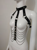 Metal Chain Bodysuit PU Splice Deep V Neck Black OMSJ-W