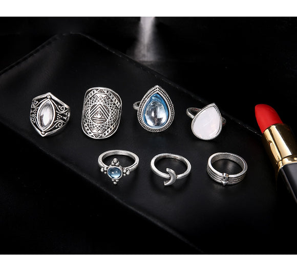 7PCS/SET Vintage Big Opal Crystal Rings Set