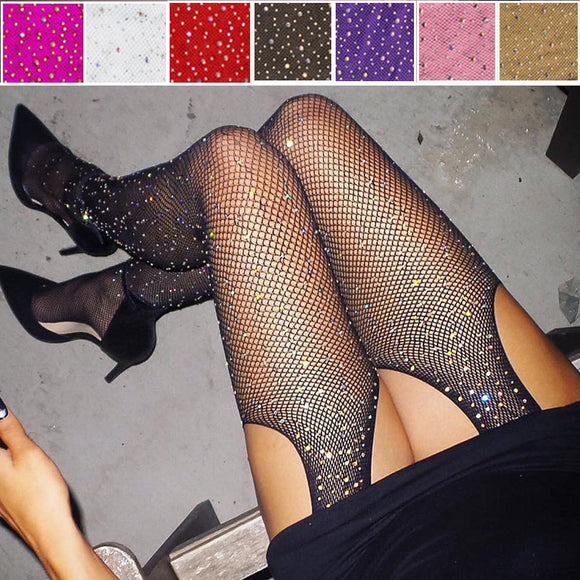 Shiny Rhinestone Open Crotch/Closed Crotch Fishnet Stockings